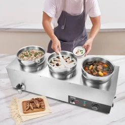 VEVOR Electric Soup Warmer, Three 7.4QT Stainless Steel Round Pot, 1200W Commercial Food Warmer, 86~185°F Adjustable Temp, Bain Marie with Anti-Dry Burn and Reset Button, for Restaurant, Buffet