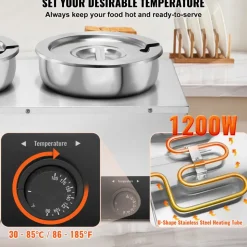 VEVOR Electric Soup Warmer, Three 7.4QT Stainless Steel Round Pot, 1200W Commercial Food Warmer, 86~185°F Adjustable Temp, Bain Marie with Anti-Dry Burn and Reset Button, for Restaurant, Buffet