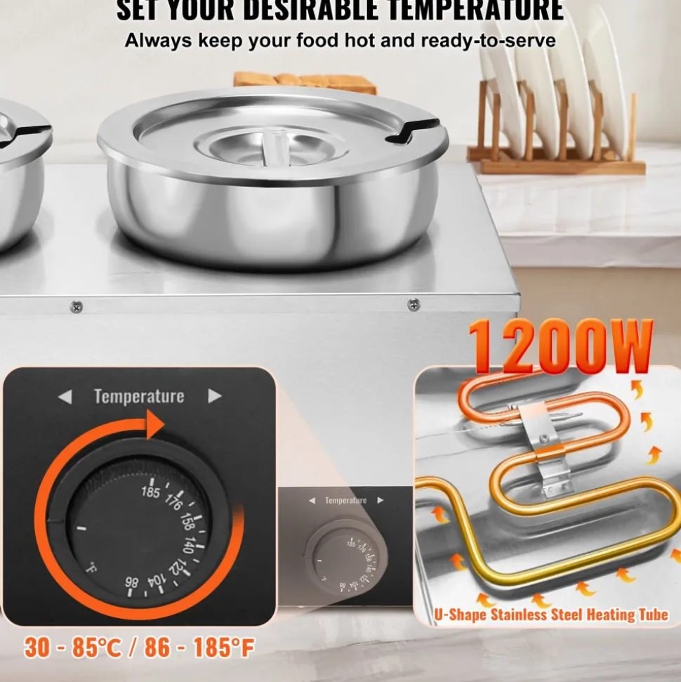 VEVOR Electric Soup Warmer, Three 7.4QT Stainless Steel Round Pot, 1200W Commercial Food Warmer, 86~185°F Adjustable Temp, Bain Marie with Anti-Dry Burn and Reset Button, for Restaurant, Buffet