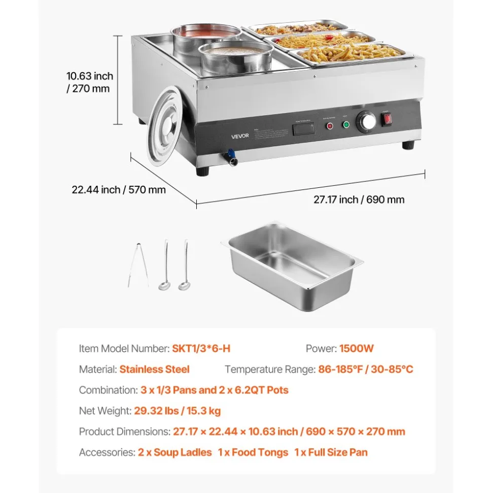 VEVOR Electric Soup Warmer, Two 6.34QT Pots & Three 1/3 Pans, Stainless Steel Commercial Food Warmer with 86~185°F Adjustable Temp, 1500W Bain Marie, Soup Station for Restaurant, Buffet