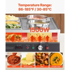 VEVOR Electric Soup Warmer, Two 6.34QT Pots & Three 1/3 Pans, Stainless Steel Commercial Food Warmer with 86~185°F Adjustable Temp, 1500W Bain Marie, Soup Station for Restaurant, Buffet
