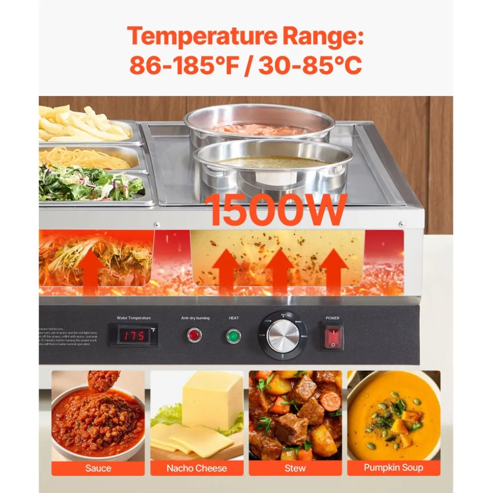 VEVOR Electric Soup Warmer, Two 6.34QT Pots & Three 1/3 Pans, Stainless Steel Commercial Food Warmer with 86~185°F Adjustable Temp, 1500W Bain Marie, Soup Station for Restaurant, Buffet