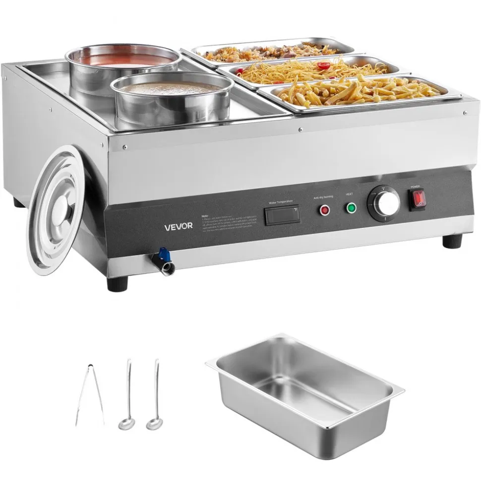 VEVOR Electric Soup Warmer, Two 6.34QT Pots & Three 1/3 Pans, Stainless Steel Commercial Food Warmer with 86~185°F Adjustable Temp, 1500W Bain Marie, Soup Station for Restaurant, Buffet