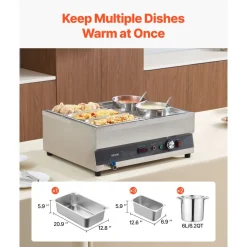VEVOR Electric Soup Warmer, Two 6.34QT Pots & Three 1/3 Pans, Stainless Steel Commercial Food Warmer with 86~185°F Adjustable Temp, 1500W Bain Marie, Soup Station for Restaurant, Buffet