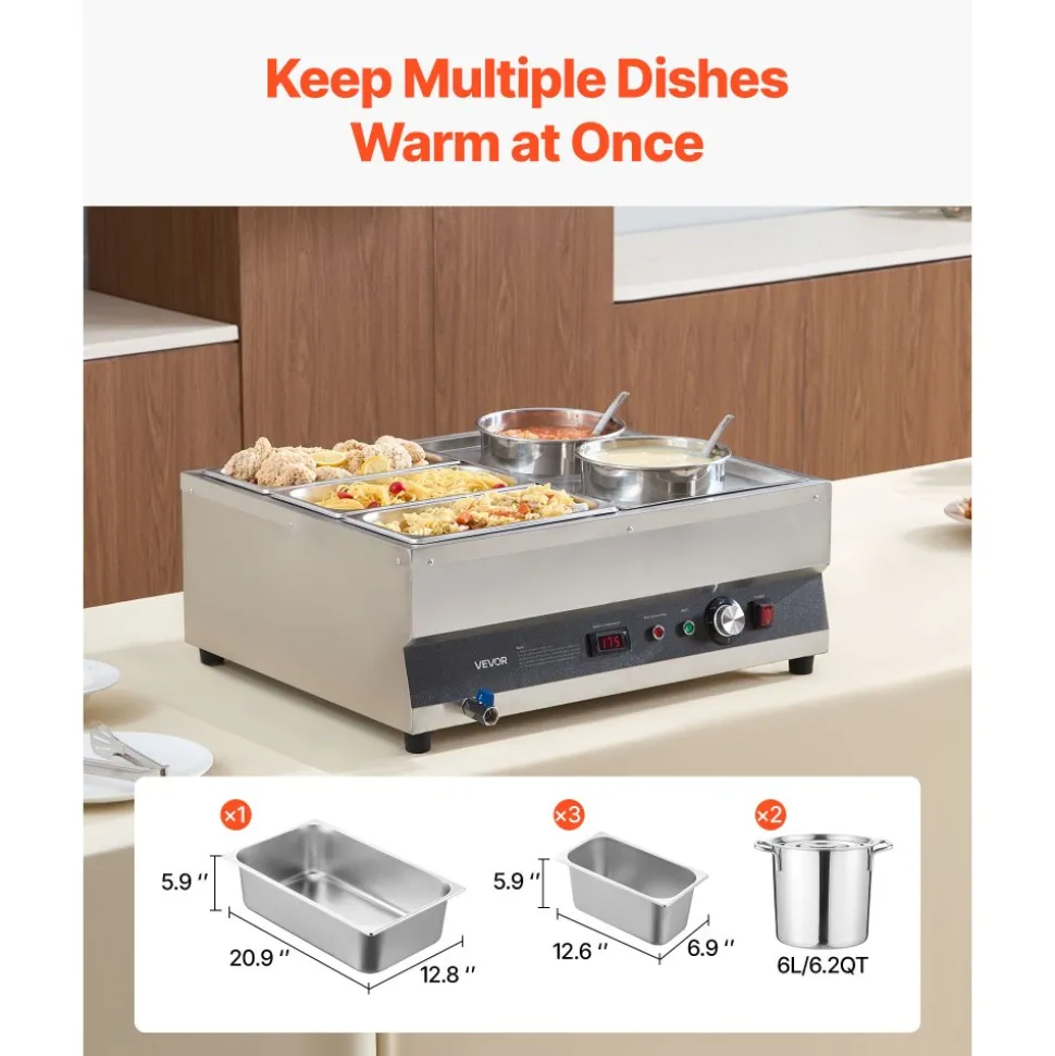 VEVOR Electric Soup Warmer, Two 6.34QT Pots & Three 1/3 Pans, Stainless Steel Commercial Food Warmer with 86~185°F Adjustable Temp, 1500W Bain Marie, Soup Station for Restaurant, Buffet