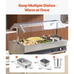 VEVOR Electric Soup Warmer, Two 6.34QT Pots & Four 1/2 Pans, Stainless Steel Commercial Food Warmer with 86~185°F Adjustable Temp, 1500W Bain Marie with Cover, Soup Station for Restaurant, Buffet