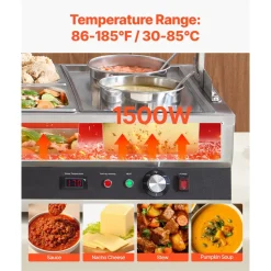 VEVOR Electric Soup Warmer, Two 6.34QT Pots & Four 1/2 Pans, Stainless Steel Commercial Food Warmer with 86~185°F Adjustable Temp, 1500W Bain Marie with Cover, Soup Station for Restaurant, Buffet