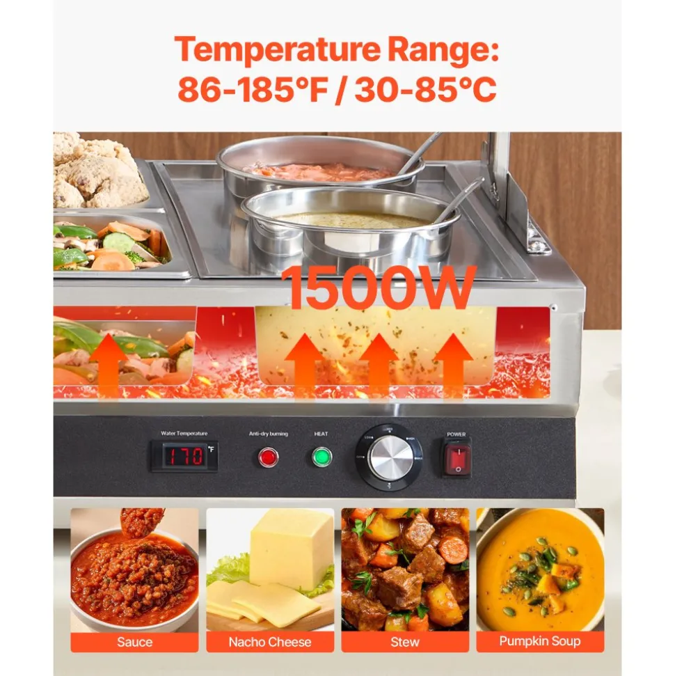 VEVOR Electric Soup Warmer, Two 6.34QT Pots & Four 1/2 Pans, Stainless Steel Commercial Food Warmer with 86~185°F Adjustable Temp, 1500W Bain Marie with Cover, Soup Station for Restaurant, Buffet