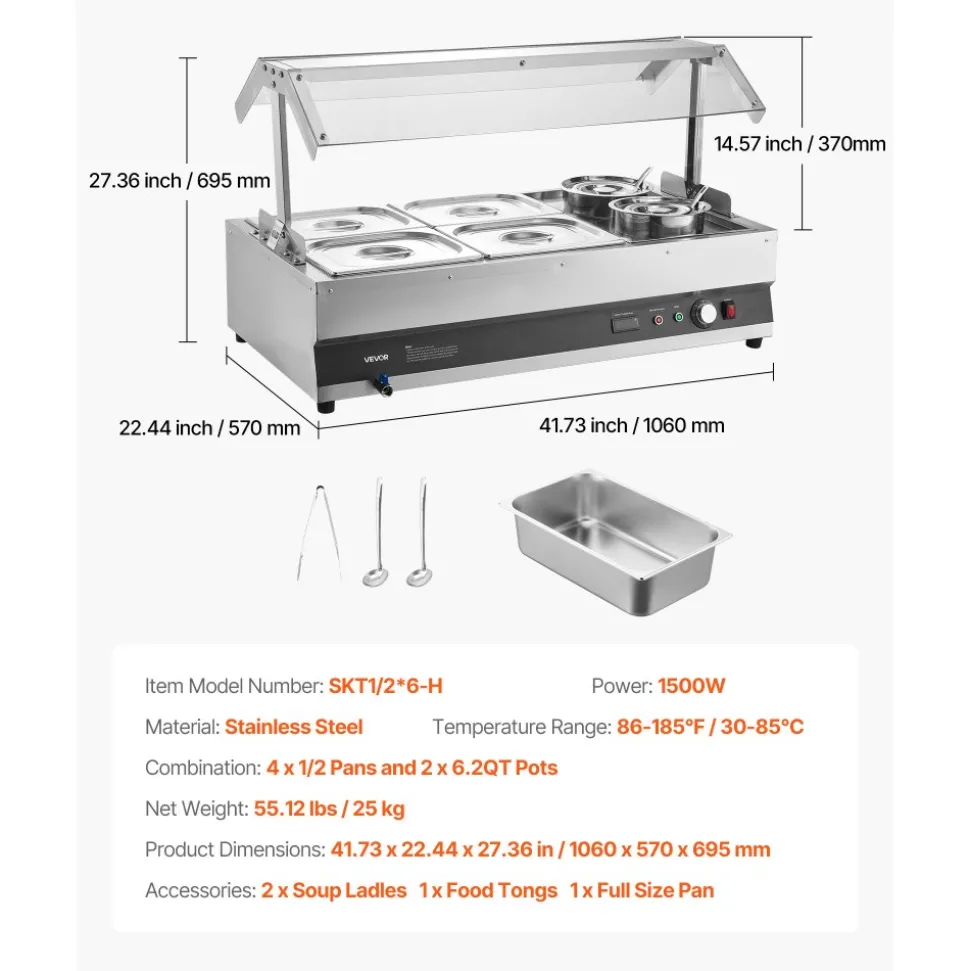 VEVOR Electric Soup Warmer, Two 6.34QT Pots & Four 1/2 Pans, Stainless Steel Commercial Food Warmer with 86~185°F Adjustable Temp, 1500W Bain Marie with Cover, Soup Station for Restaurant, Buffet
