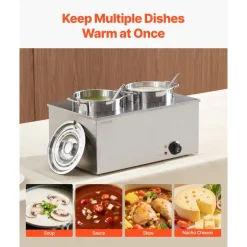 VEVOR Electric Soup Warmer, Two 6.34QT Stainless Steel Round Pot with 86~185°F Adjustable Temp, 1200W Commercial Bain Marie Compatible with Pans, Soup Station for Restaurant, Buffet