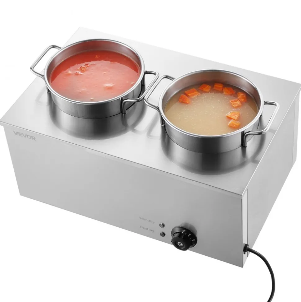 VEVOR Electric Soup Warmer, Two 6.34QT Stainless Steel Round Pot with 86~185°F Adjustable Temp, 1200W Commercial Bain Marie Compatible with Pans, Soup Station for Restaurant, Buffet