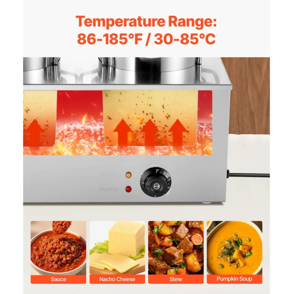 VEVOR Electric Soup Warmer, Two 6.34QT Stainless Steel Round Pot with 86~185°F Adjustable Temp, 1200W Commercial Bain Marie Compatible with Pans, Soup Station for Restaurant, Buffet