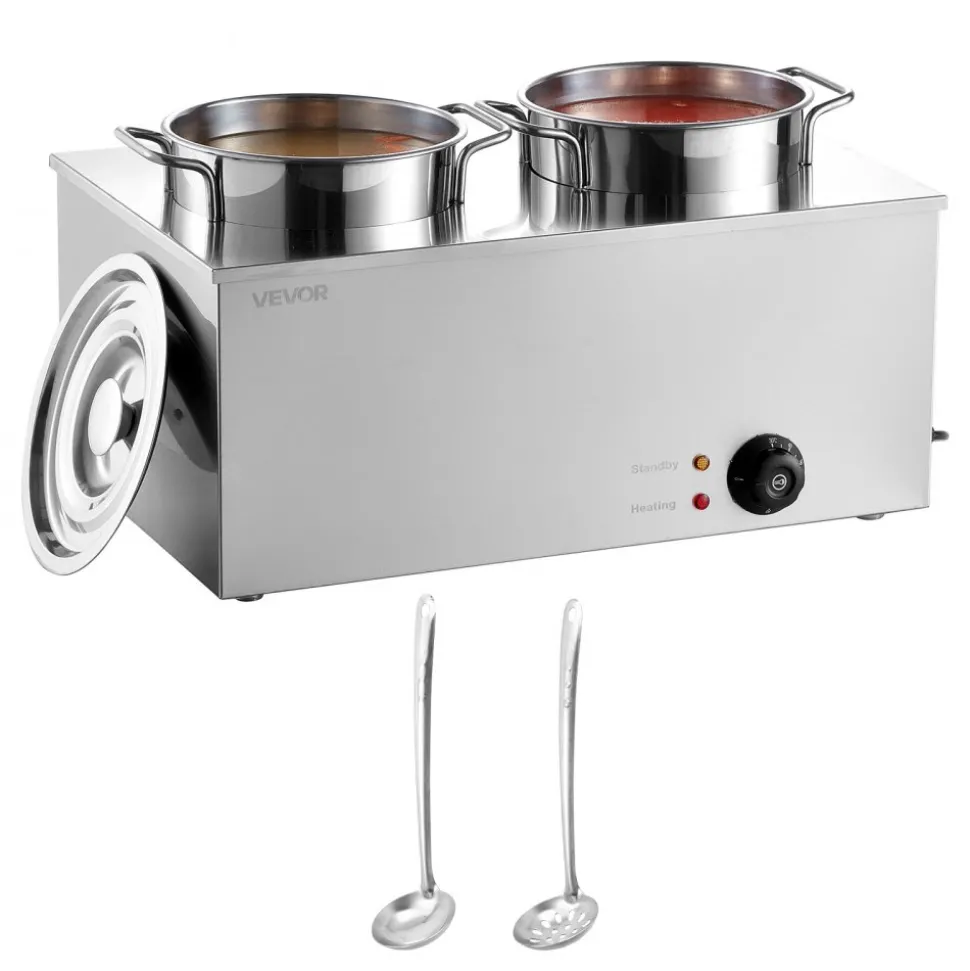 VEVOR Electric Soup Warmer, Two 6.34QT Stainless Steel Round Pot with 86~185°F Adjustable Temp, 1200W Commercial Bain Marie Compatible with Pans, Soup Station for Restaurant, Buffet