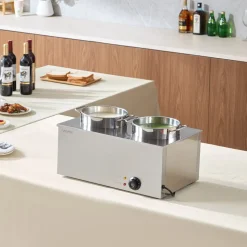 VEVOR Electric Soup Warmer, Two 6.34QT Stainless Steel Round Pot with 86~185°F Adjustable Temp, 1200W Commercial Bain Marie Compatible with Pans, Soup Station for Restaurant, Buffet