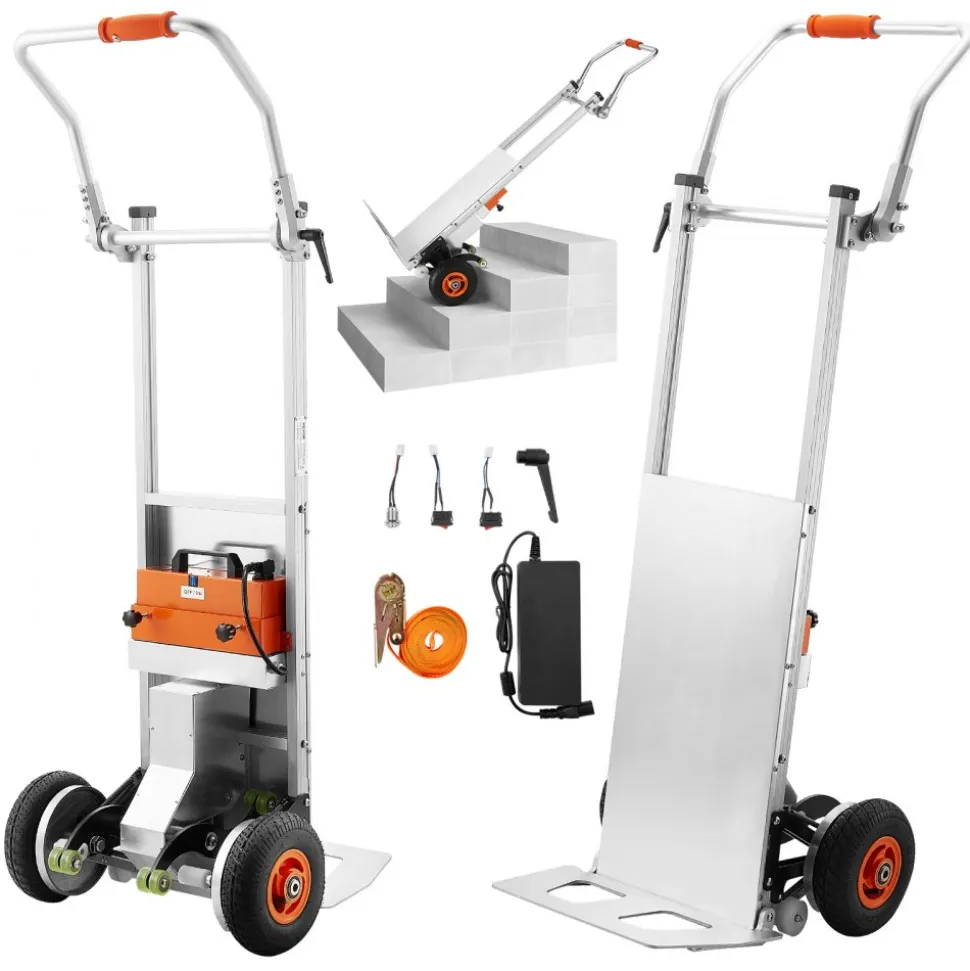 VEVOR Electric Stair Climbing Dolly, 440lbs Capacity Electric Stair Climbing Hand Trucks with 157.5in Rope & Folding Handle, Heavy Duty Stair Climber for Warehouse Logistics, Moving Furniture(Silver)