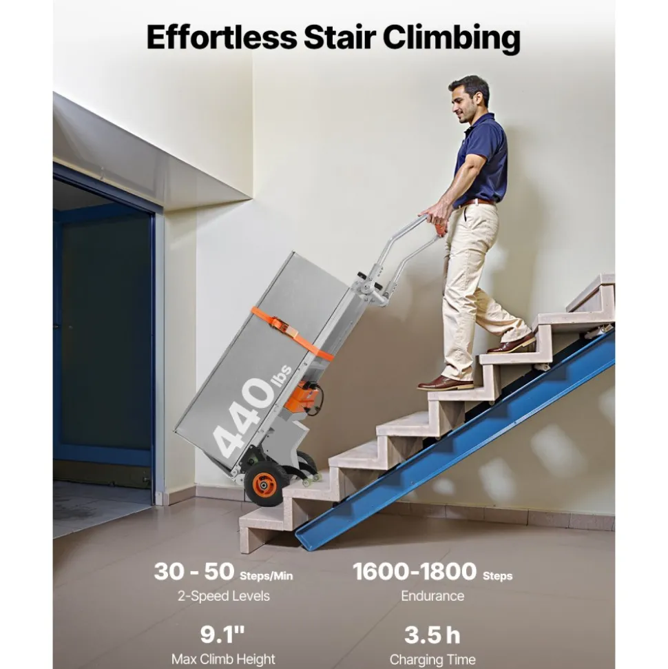 VEVOR Electric Stair Climbing Dolly, 440lbs Capacity Electric Stair Climbing Hand Trucks with 157.5in Rope & Folding Handle, Heavy Duty Stair Climber for Warehouse Logistics, Moving Furniture(Silver)