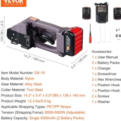 VEVOR Electric Strapping Machine, for 0.39"-0.75" PP PET Straps, Portable Electric Banding Tool with Digital Display, 2 x 4000mAh Battery Powered Automatic Strapping Tool for Packaging Box Pallet