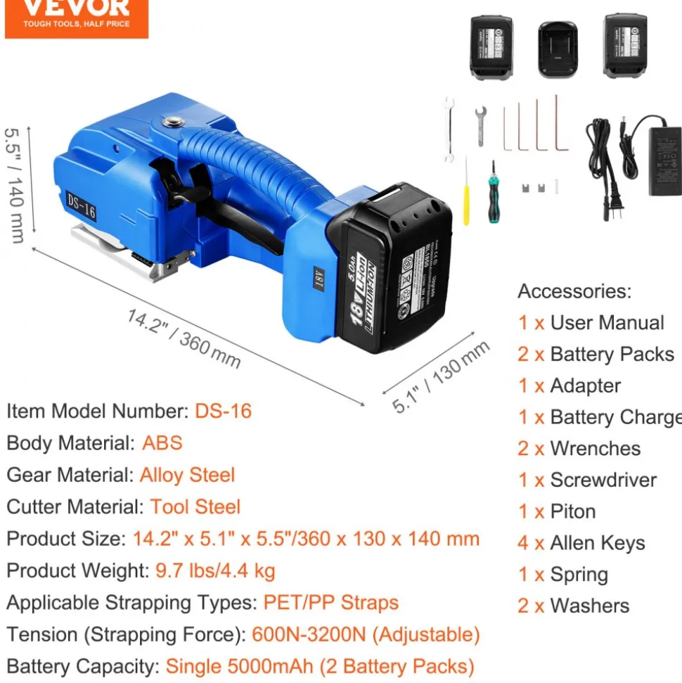 VEVOR Electric Strapping Machine, for 0.35"-0.63" PP PET Straps, Portable Electric Banding Tool with Digital Display, 2 x 5000mAh Battery Powered Automatic Strapping Tool for Packaging Box Pallet