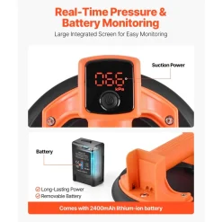 VEVOR Electric Suction Cup, 8-Inch Vacuum Glass Lifter with Digital Display for Suction Power & Battery Level, 440 lbs Max Lifting Capacity Tile Suction Cup Tool for Lifting Tile, Granite (1-Pack)