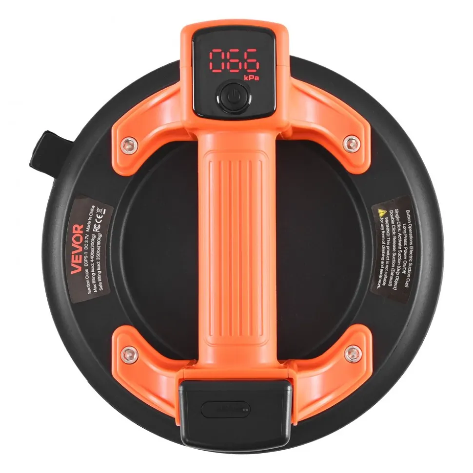 VEVOR Electric Suction Cup, 8-Inch Vacuum Glass Lifter with Digital Display for Suction Power & Battery Level, 440 lbs Max Lifting Capacity Tile Suction Cup Tool for Lifting Tile, Granite (1-Pack)