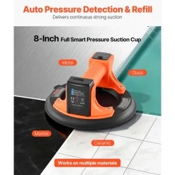 VEVOR Electric Suction Cup, 8-Inch Vacuum Glass Lifter with Digital Display for Suction Power & Battery Level, 440 lbs Max Lifting Capacity Tile Suction Cup Tool for Lifting Tile, Granite (1-Pack)