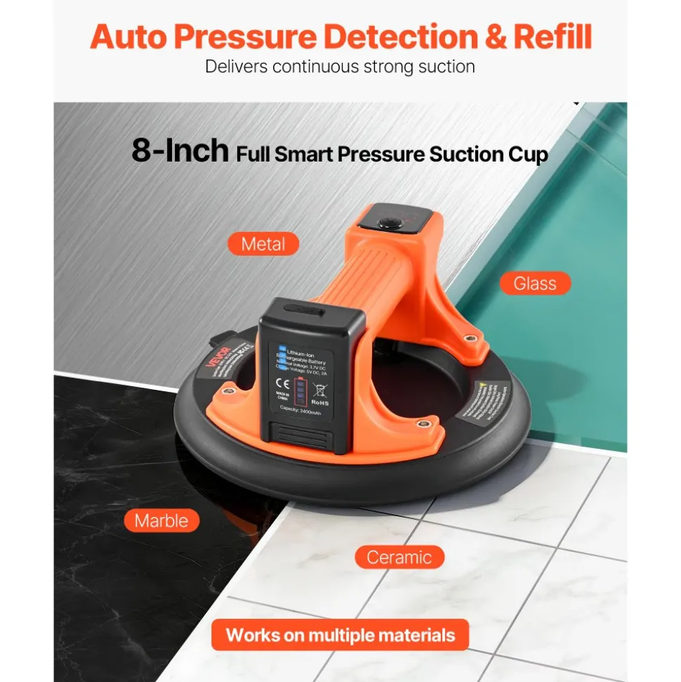VEVOR Electric Suction Cup, 8-Inch Vacuum Glass Lifter with Digital Display for Suction Power & Battery Level, 440 lbs Max Lifting Capacity Tile Suction Cup Tool for Lifting Tile, Granite (1-Pack)