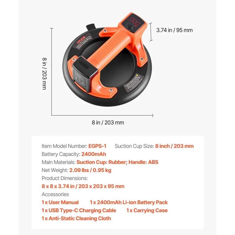 VEVOR Electric Suction Cup, 8-Inch Vacuum Glass Lifter with Digital Display for Suction Power & Battery Level, 440 lbs Max Lifting Capacity Tile Suction Cup Tool for Lifting Tile, Granite (1-Pack)