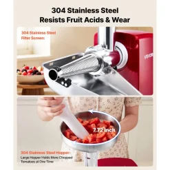 VEVOR Electric Tomato Strainer 800W Max (Rated Power: 300W) Sauce Maker, 88 lbs/H For Purees, Strawberry, Salsa, Stainless Steel Tomato Food Mill Press Machine, 1mm, 1.5mm, 3mm & 6mm Screens, Red