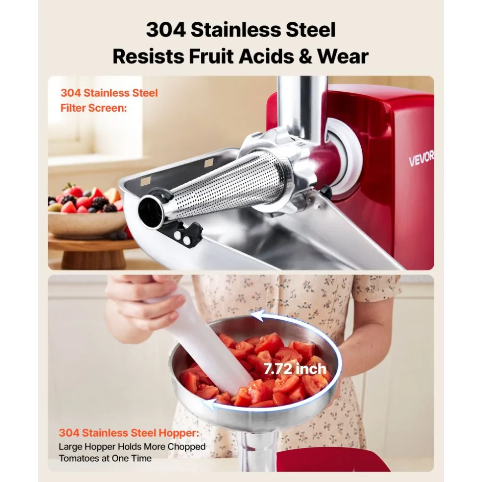 VEVOR Electric Tomato Strainer 800W Max (Rated Power: 300W) Sauce Maker, 88 lbs/H For Purees, Strawberry, Salsa, Stainless Steel Tomato Food Mill Press Machine, 1mm, 1.5mm, 3mm & 6mm Screens, Red