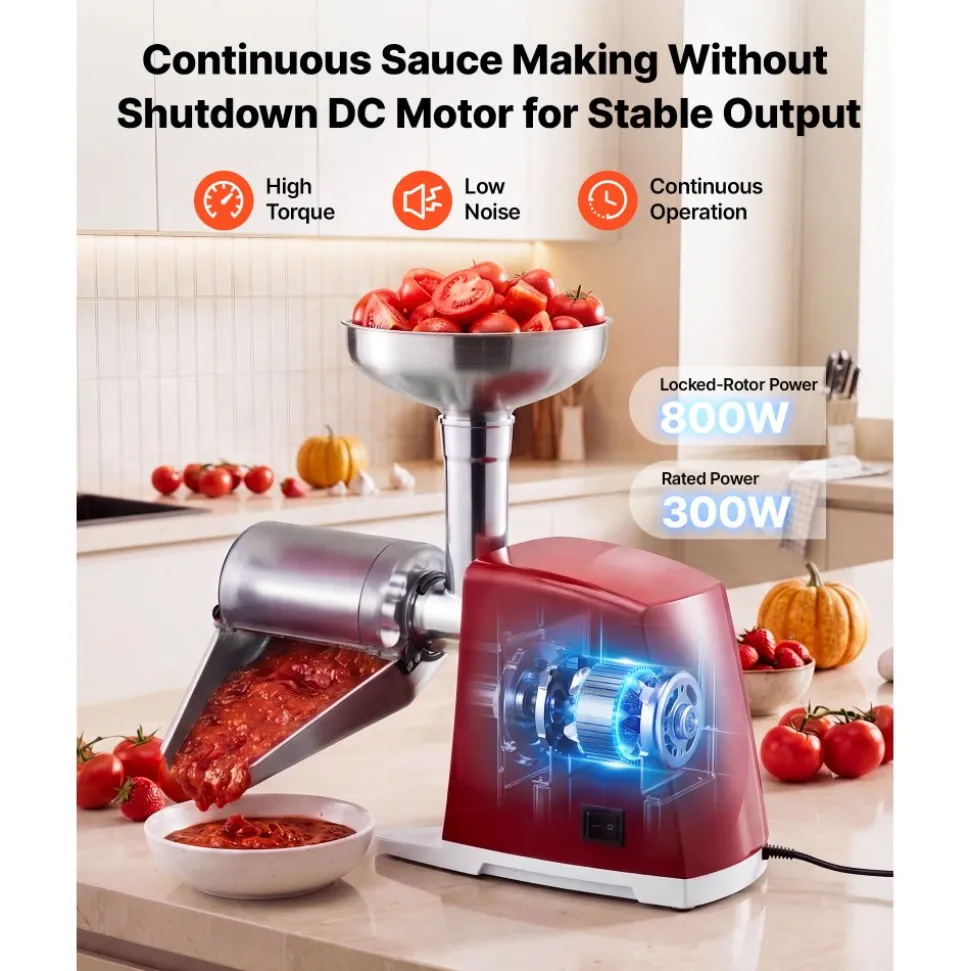 VEVOR Electric Tomato Strainer 800W Max (Rated Power: 300W) Sauce Maker, 88 lbs/H For Purees, Strawberry, Salsa, Stainless Steel Tomato Food Mill Press Machine, 1mm, 1.5mm, 3mm & 6mm Screens, Red