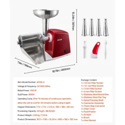 VEVOR Electric Tomato Strainer 800W Max (Rated Power: 300W) Sauce Maker, 88 lbs/H For Purees, Strawberry, Salsa, Stainless Steel Tomato Food Mill Press Machine, 1mm, 1.5mm, 3mm & 6mm Screens, Red
