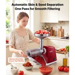 VEVOR Electric Tomato Strainer 800W Max (Rated Power: 300W) Sauce Maker, 88 lbs/H For Purees, Strawberry, Salsa, Stainless Steel Tomato Food Mill Press Machine, 1mm, 1.5mm, 3mm & 6mm Screens, Red