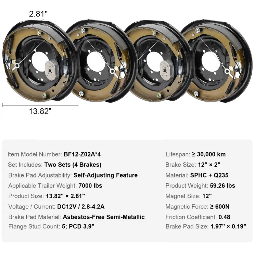 VEVOR Electric Trailer Brake Assembly, 12" x 2", 2 Pairs Self-Adjusting Electric Brakes Kit for 7000 lbs Axle, 5-Hole Mounting, Backing Plates for Braking System Part Replacement (2 Right + 2 Left)