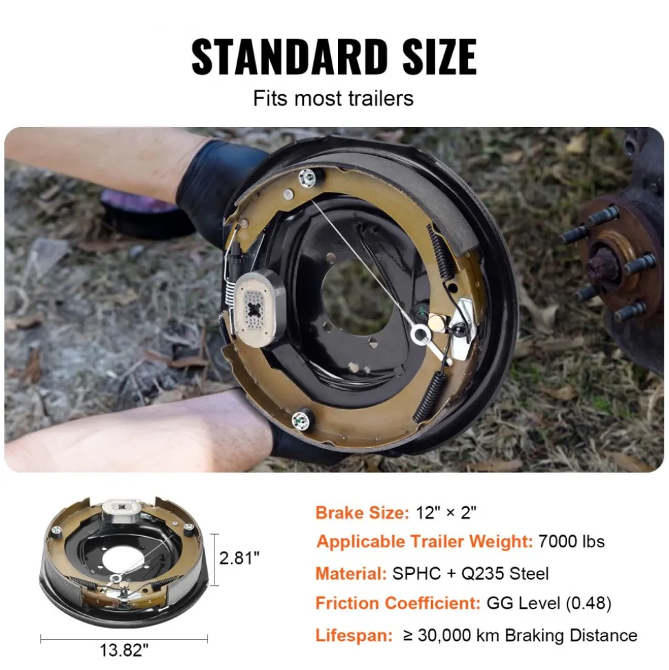 VEVOR Electric Trailer Brake Assembly, 12" x 2", 2 Pairs Self-Adjusting Electric Brakes Kit for 7000 lbs Axle, 5-Hole Mounting, Backing Plates for Braking System Part Replacement (2 Right + 2 Left)