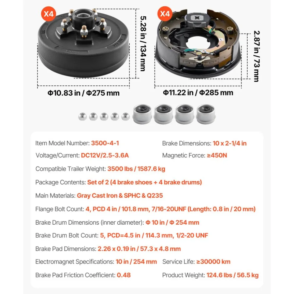VEVOR Electric Trailer Brake Assembly, 10 x 2-1/4 Inch, 2 Pairs Self-Adjusting Electric Brakes Kit for 3500 lbs Trailer Axle, Backing Plates for Braking System Part Replacement, Fit for Trailers, RVs