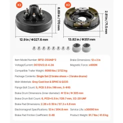 VEVOR Electric Trailer Brake Assembly, 12 x 2 Inch, 1 Pair Self-Adjusting Electric Brakes Kit for 6000 lbs Trailer Axle, Backing Plates for Braking System Part Replacement, Fit for Trailers, RVs