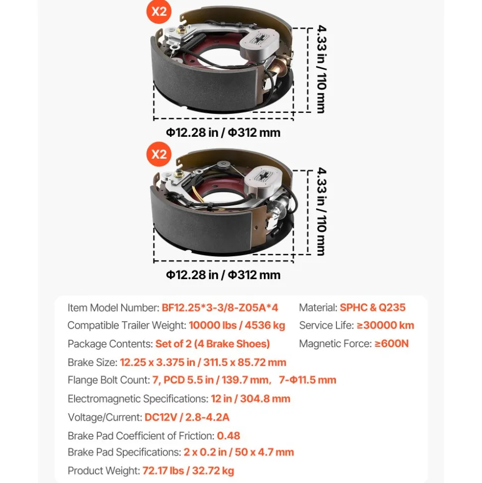 VEVOR Electric Trailer Brake Kit, 12.25 x 3.375 Inch, 2 Pairs Self-Adjusting Electric Brakes Kit for 10000 lbs Trailer Axle, Backing Plates for Braking System Part Replacement, Fit for Trailers, RVs