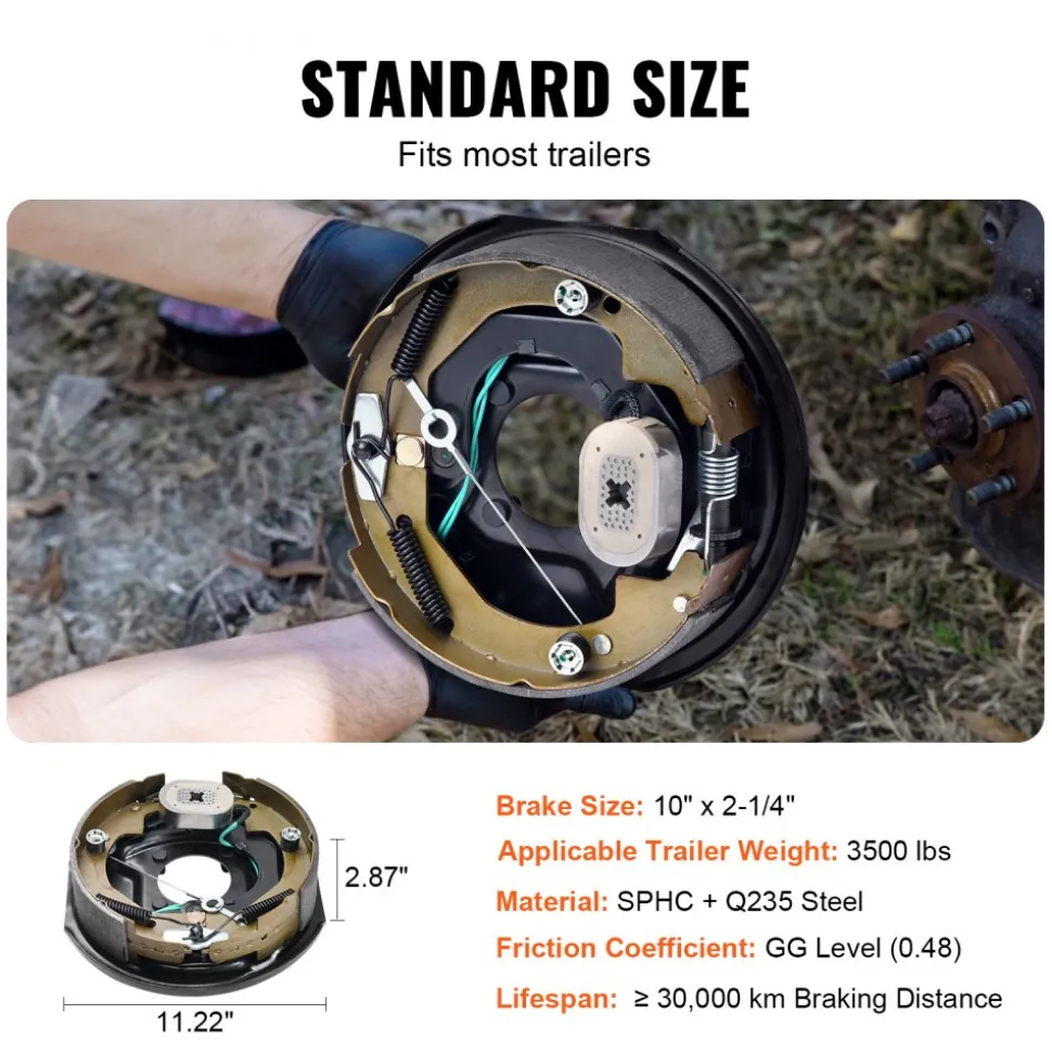 VEVOR Electric Trailer Brake Assembly, 10" x 2-1/4", 1 Pair Self-Adjusting Electric Brakes Kit for 3500 lbs Axle, 4-Hole Mounting, Backing Plates for Brake System Part Replacement (1 Right + 1 Left)