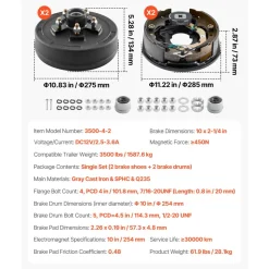 VEVOR Electric Trailer Brake Assembly, 10 x 2-1/4 Inch, 1 Pair Self-Adjusting Electric Brakes Kit for 3500 lbs Trailer Axle, Backing Plates for Braking System Part Replacement, Fit for Trailers, RVs