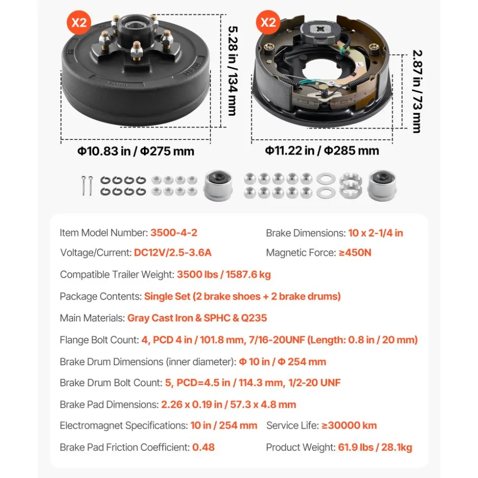 VEVOR Electric Trailer Brake Assembly, 10 x 2-1/4 Inch, 1 Pair Self-Adjusting Electric Brakes Kit for 3500 lbs Trailer Axle, Backing Plates for Braking System Part Replacement, Fit for Trailers, RVs