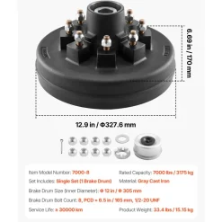 VEVOR Electric Trailer Brake Drum, 1 Pack, 8-Hole on 4-Inch Bolt Circle Brake Drum for 7000 lbs Trailer Axles, Long Service Life, Replacement of 12 Inch Brake Hub Drums Assembly for Trailers, RVs