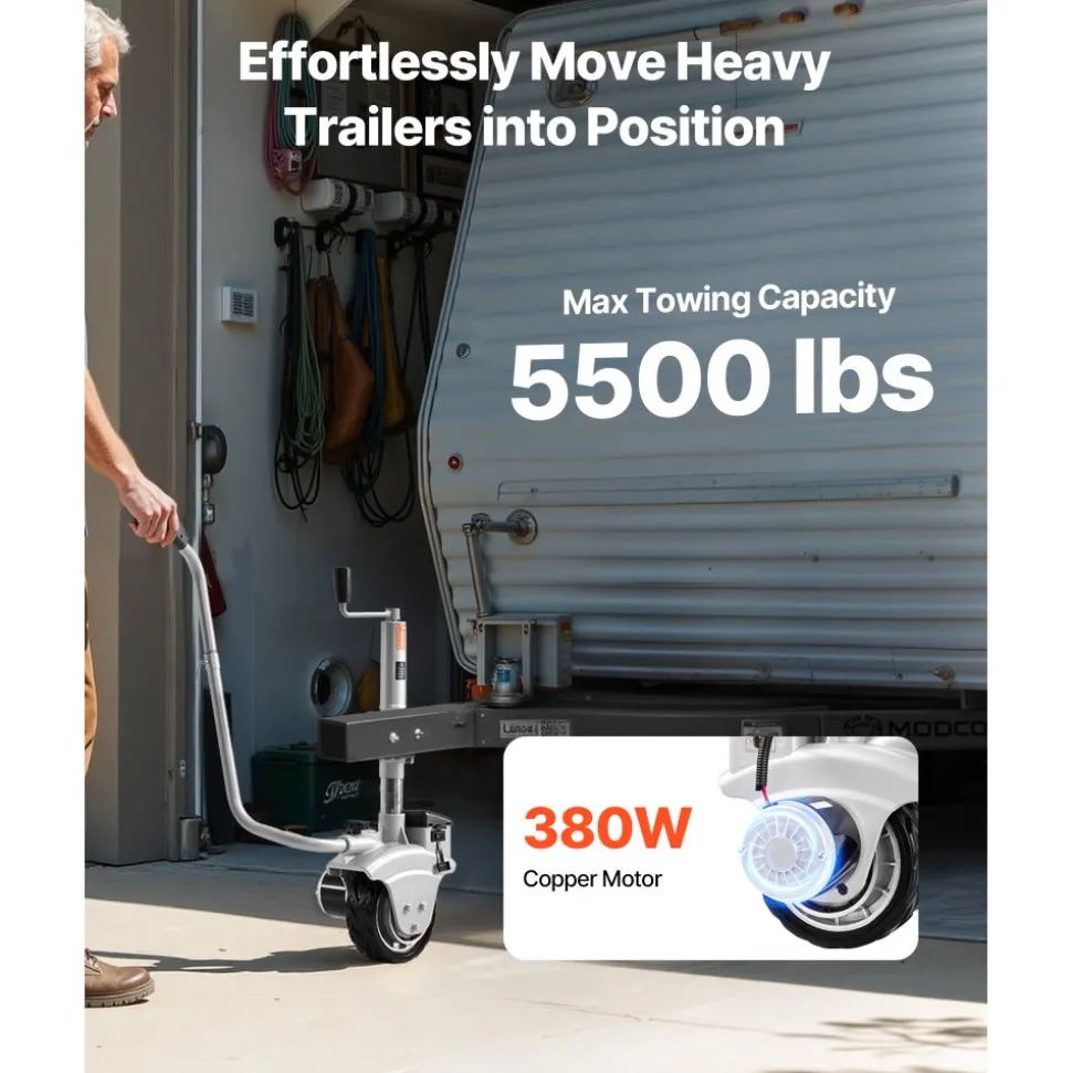VEVOR Electric Trailer Dolly, 5500 lbs Towing Capacity, 380W 12V Motorized Jockey Wheel with 23 ft/min Moving Speed, 12.2-24.8 in Adjustable Clamp Height & 8 in Rubber Tire, For Moving Caravan Boat