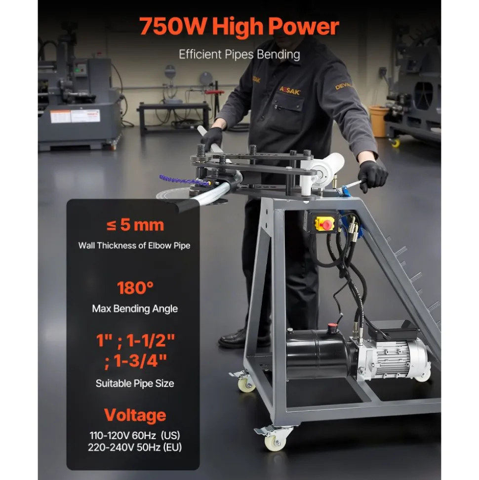 VEVOR Electric Tube Bending Machine, 750W Electric Tubing Bender with 6L Hydraulic Cylinder, Movable Pipe Bender Machine with 3 Dies & 180° Max Bending Angle, Suitable for 1", 1-1/2", 1-3/4" Pipes