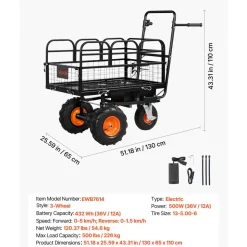 VEVOR Electric Utility Cart, 36V 432Wh Battery Powered Electric Wagon, 500W Power Wheelbarrow with Brake, 500 lbs Load Heavy Duty Steel Garden Cart for Farm and Yard All Purpose Modular Cargo Bed