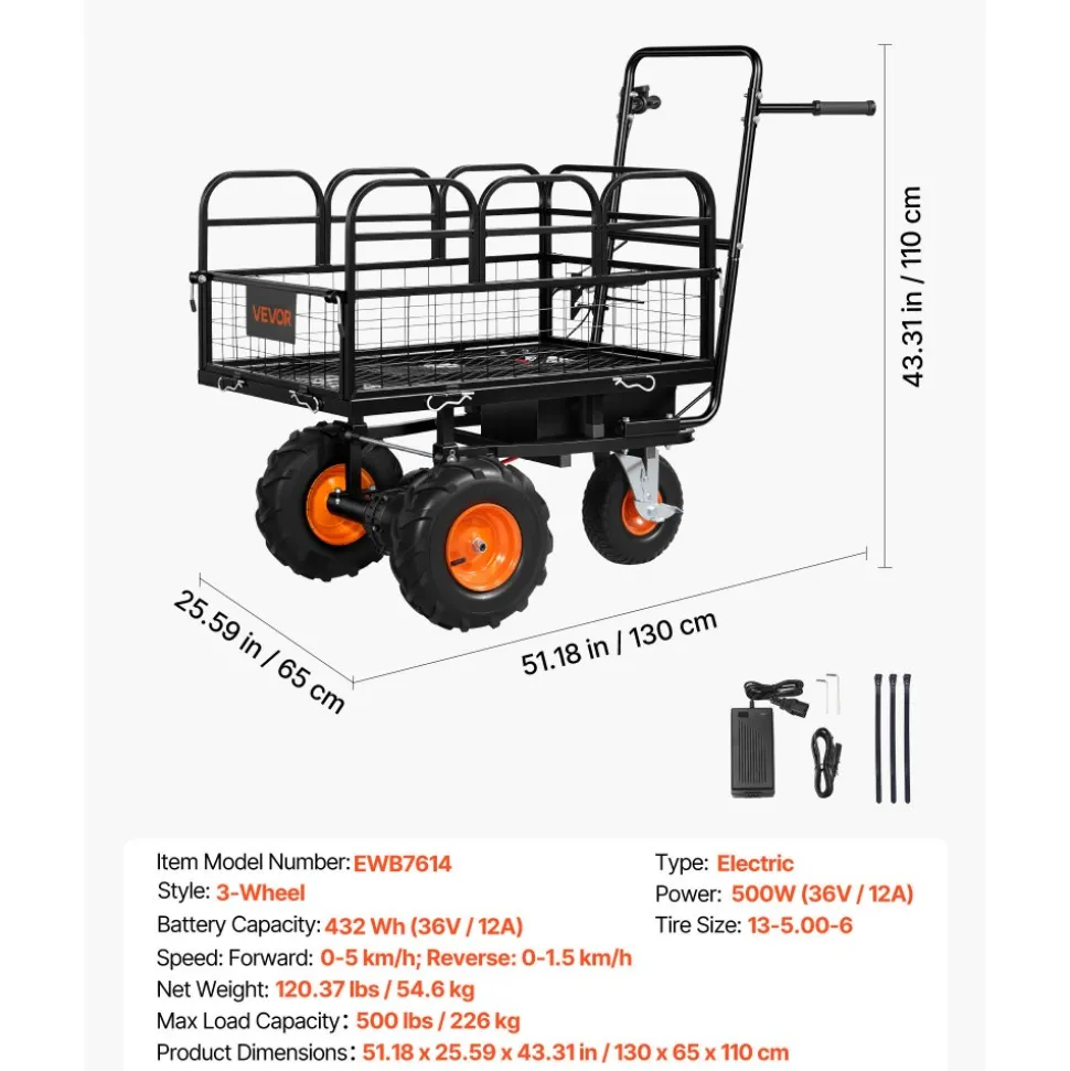 VEVOR Electric Utility Cart, 36V 432Wh Battery Powered Electric Wagon, 500W Power Wheelbarrow with Brake, 500 lbs Load Heavy Duty Steel Garden Cart for Farm and Yard All Purpose Modular Cargo Bed