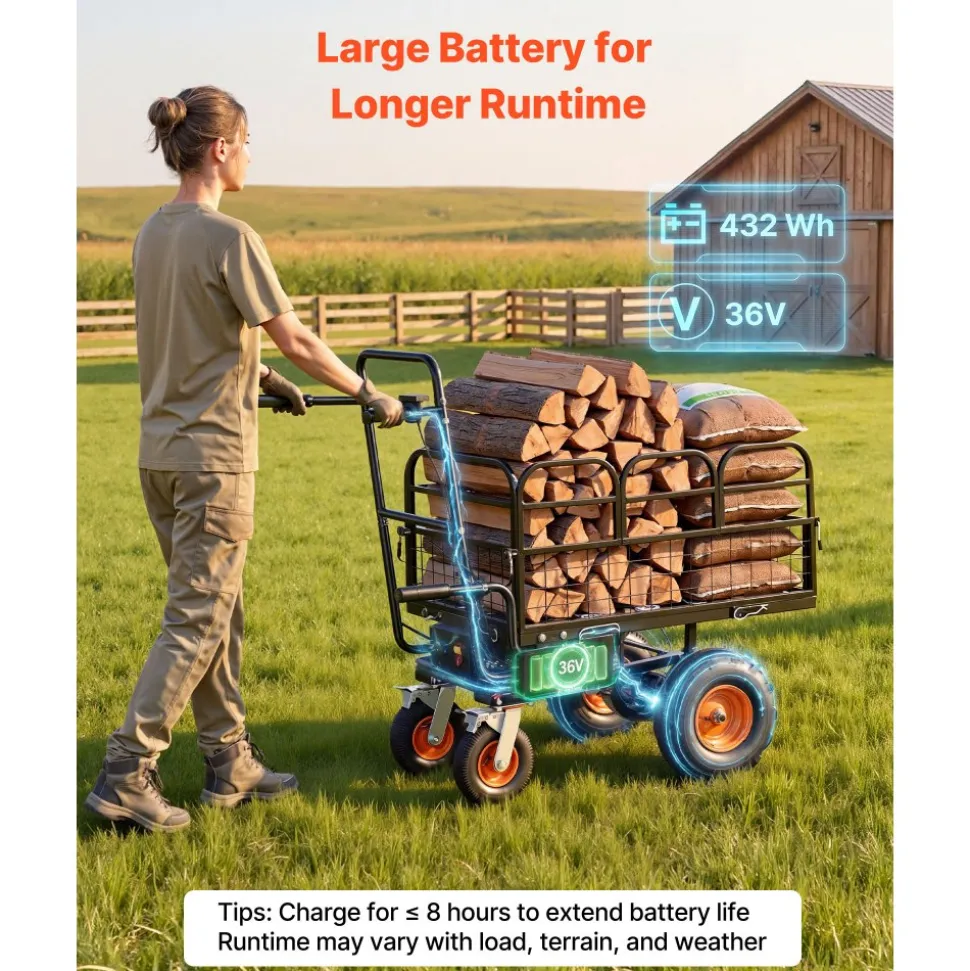 VEVOR Electric Utility Cart, 36V 432Wh Battery Powered Electric Wagon, 500W Power Wheelbarrow with Brake, 660 lbs Load Heavy Duty Steel Garden Cart for Farm and Yard All Purpose Modular Cargo Bed