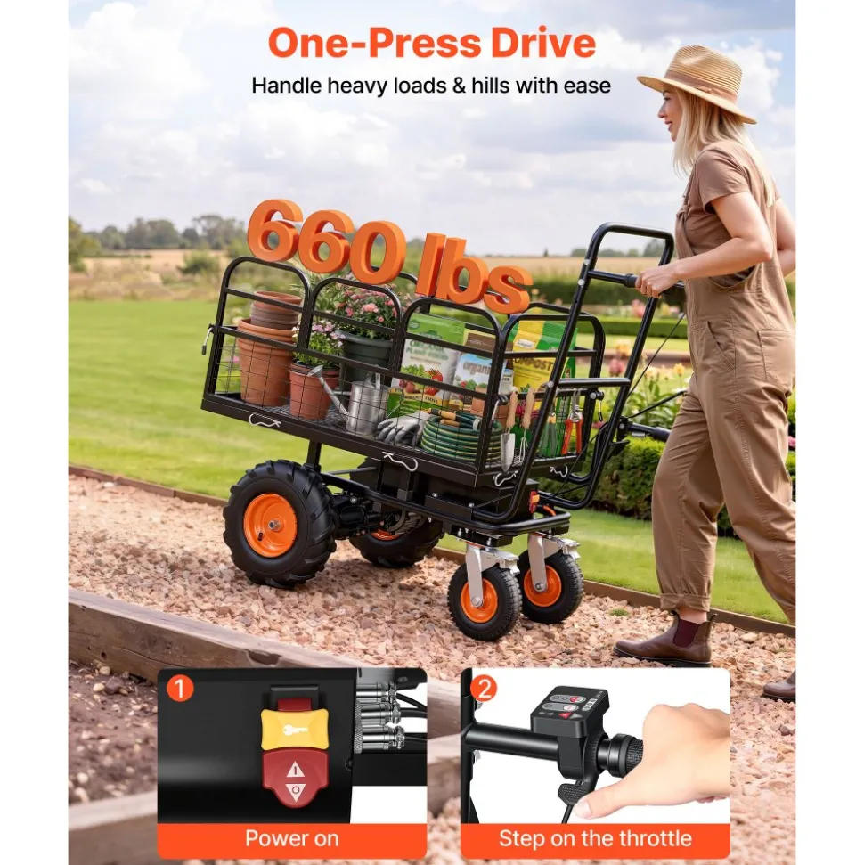 VEVOR Electric Utility Cart, 36V 432Wh Battery Powered Electric Wagon, 500W Power Wheelbarrow with Brake, 660 lbs Load Heavy Duty Steel Garden Cart for Farm and Yard All Purpose Modular Cargo Bed