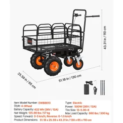 VEVOR Electric Utility Cart, 36V 432Wh Battery Powered Electric Wagon, 500W Power Wheelbarrow with Brake, 660 lbs Load Heavy Duty Steel Garden Cart for Farm and Yard All Purpose Modular Cargo Bed
