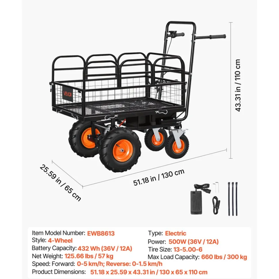 VEVOR Electric Utility Cart, 36V 432Wh Battery Powered Electric Wagon, 500W Power Wheelbarrow with Brake, 660 lbs Load Heavy Duty Steel Garden Cart for Farm and Yard All Purpose Modular Cargo Bed