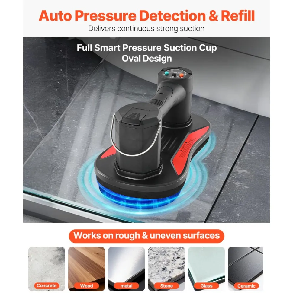 VEVOR Electric Vacuum Suction Cup, 375 lbs Max Lifting Capacity, Vacuum Glass Lifter with Digital Display, Heavy Duty Tile Suction Cup Tool for Lifting Tile, Granite, Wood, Paver, Drywall, Windows